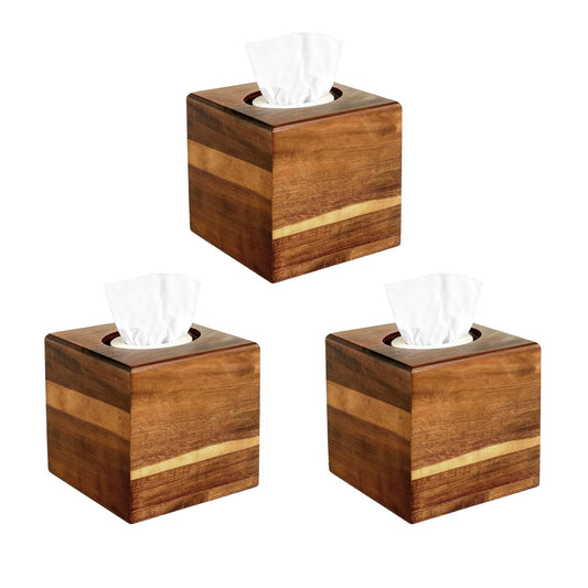 PEDOBALI 3 Pcs Wooden Tissue Box Cover Bulk, Square Acacia Wood Box Holder, Retro Color Facial Tissue Cover Holder, for Tabletop, Night Stands, Bathroom, Office, Kitchen