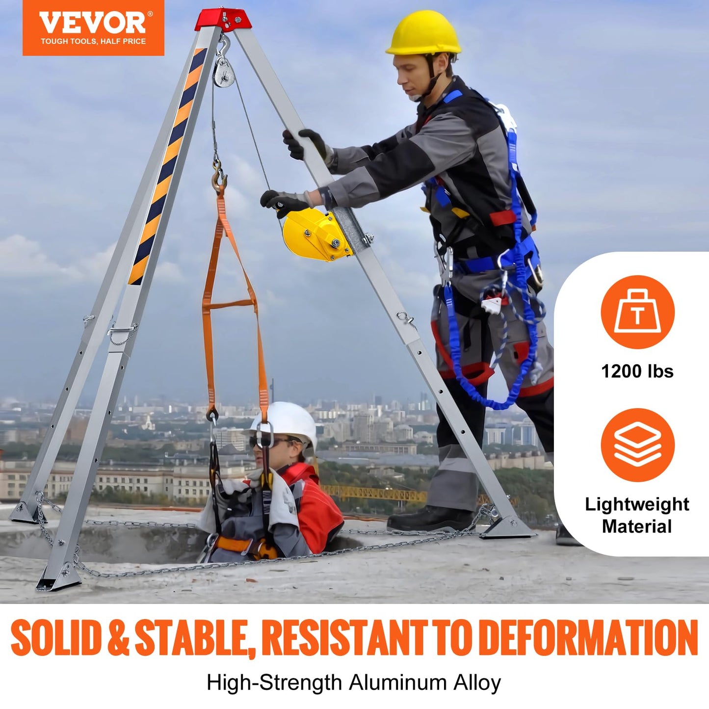 VEVOR Confined Space Tripod Kit w/1200 lbs Winch, Confined Space Tripod 7' Legs and 98' Cable, Confined Space Rescue Tripod 33 Fall Protection, Harness, Storage Bag for Traditional Confined Spaces