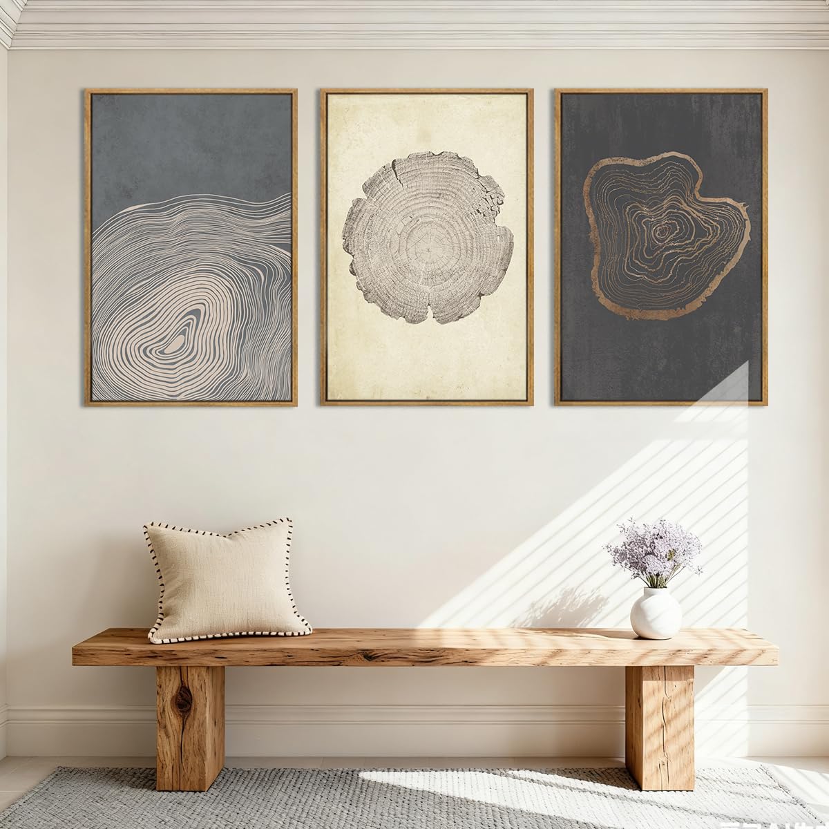 Anyzal Neutral Abstract Tree Ring Wall Art Black Beige Gray Wood Stump Wall Decor Modern Minimalist Tree Spiral Art Prints for Living Room Bedroom Dining Room 16x24 Inch 3 Pieces