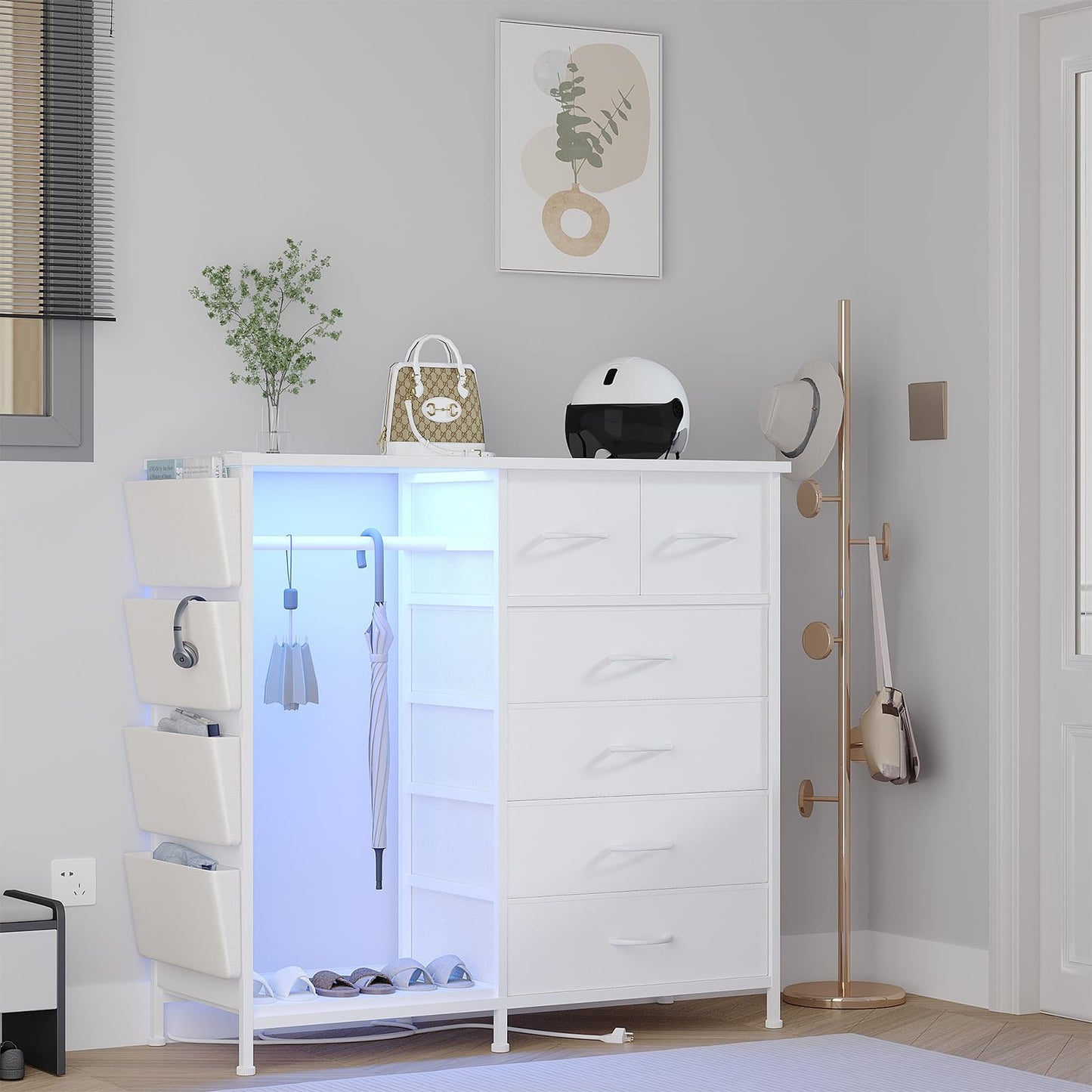 WODRAWER 6 Drawer Dresser for Bedroom with Clothes Rack, Clothes Dresser with Side Pockets and Hooks, Charging Station & LED Lights, Wooden Top, Fabric Storage (White)