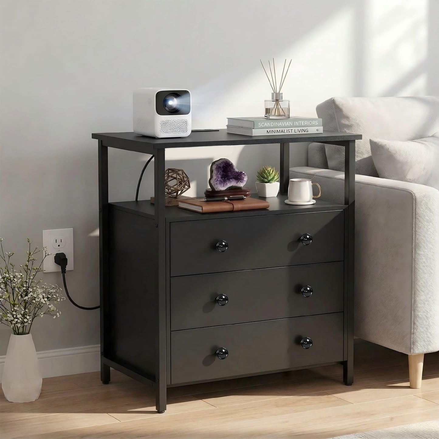 Edbuosy 3 Wooden Drawers Night Stand, 27 Inch Wide Nightstand with Charging Station and Adjustable Drawers, Small Dresser for Closet, Bedside Table for Living Room/Bedroom/Office, Black