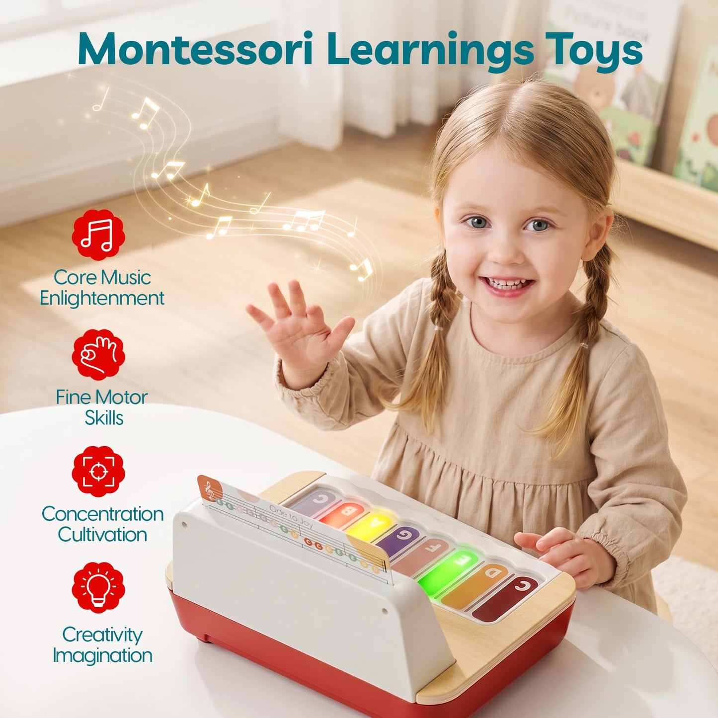 TOPBRIGHT Wooden Toy Piano for Kids, Keyboard Piano with 12 Songs, 3 Modes & Recording, Musical Instrument Learning Toys for Toddlers 1-3, Birthday Gifts for 1+ Year Old Baby Boys Girls -FSC Certified