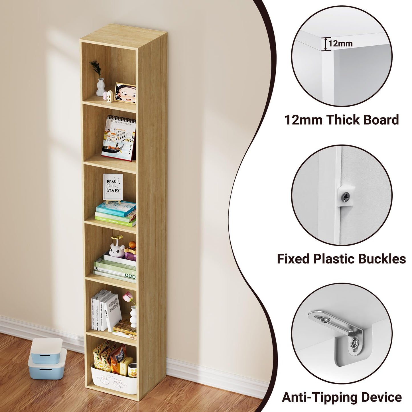 Nestwise 6 Tier Bookshelf, Open Tall Narrow Floor Standing Bookcase, Storage Organizer Bookshelves Freestanding Book Shelf for Living Room, Bedroom, Home Office (Oak, 6 Cube)