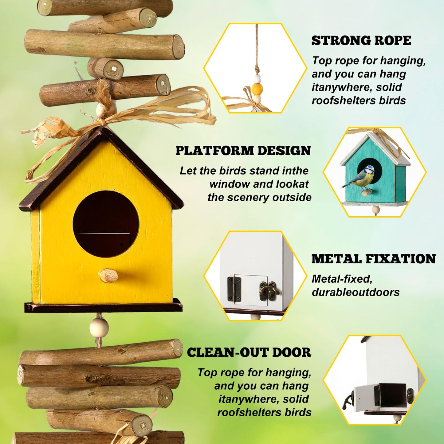2 Pack Birdhouse Bird Feeders for Outdoor, Colourful Hanging Wooden Bird Feeder Outside Garden Yard Farmhouse Birds Feeders for Country Yard Garden Decoration for Cardinals Finches Chickadees