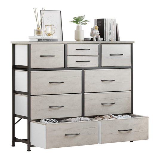 LUMTOK 10-Drawer Dresser, Fabric Storage Tower with Drawers for Bedroom, Dresser Drawer with Handle for Bedroom, Living Room, Hallway, Closets & Nurseryteel Frame, Wood Top (10 Drawer/Greige)