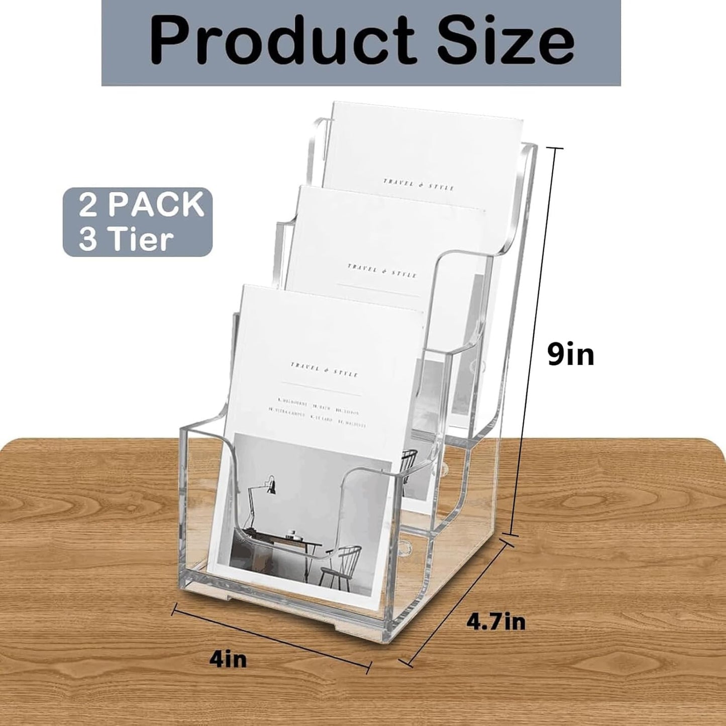 Voittozege 2 Pcs Acrylic Brochure Holder, 3 Tier 4-Inch Wide Clear Literature Holder, Clear Flyer Holder Pamphlet Display Stand Literature Booklet Holder for Wall and Counter Desktop Stand