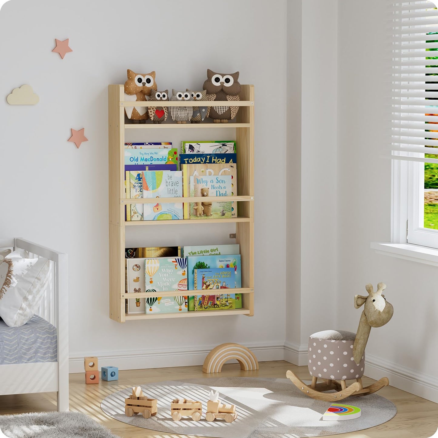 Bidami Wall Bookshelf for Kids, 3 Tier Kids Bookshelf Wall, 16.5 inch Floating Book Shelves for Nursery, Great for Bedroom, Living Room, Play Room and Nursery.