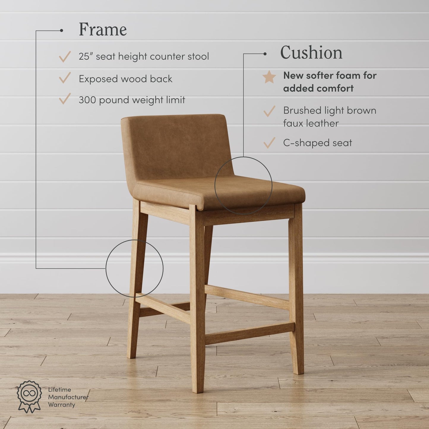 Nathan James Gracie Modern Counter Height Bar Stool with Back, Counter Stool Upholstered Chair with PU Leather and Brushed Wooden Legs, Light Brown