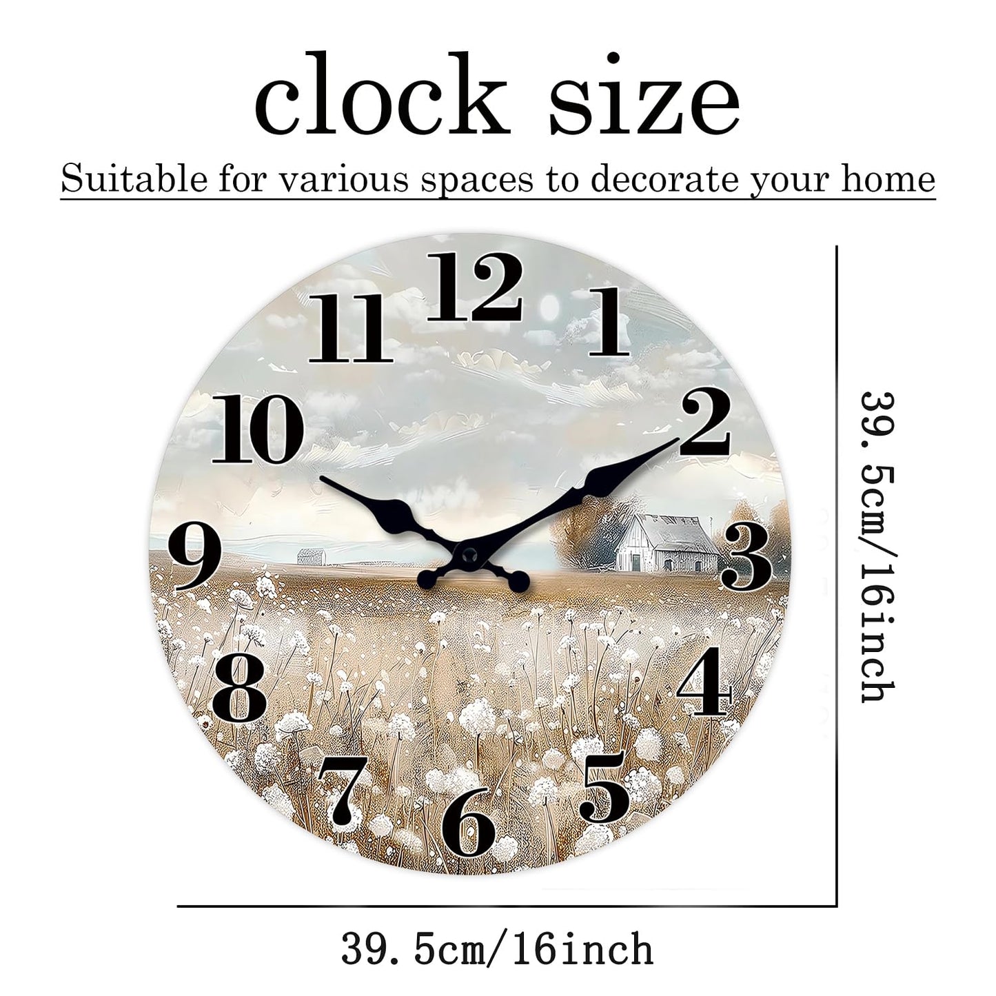 XFM Farmhouse Wall Clock for Living Room Decor 16 Inch Battery Operated Silent Non-Ticking Wooden Wall Clocks Rustic Country Flower Field Decorative Clock