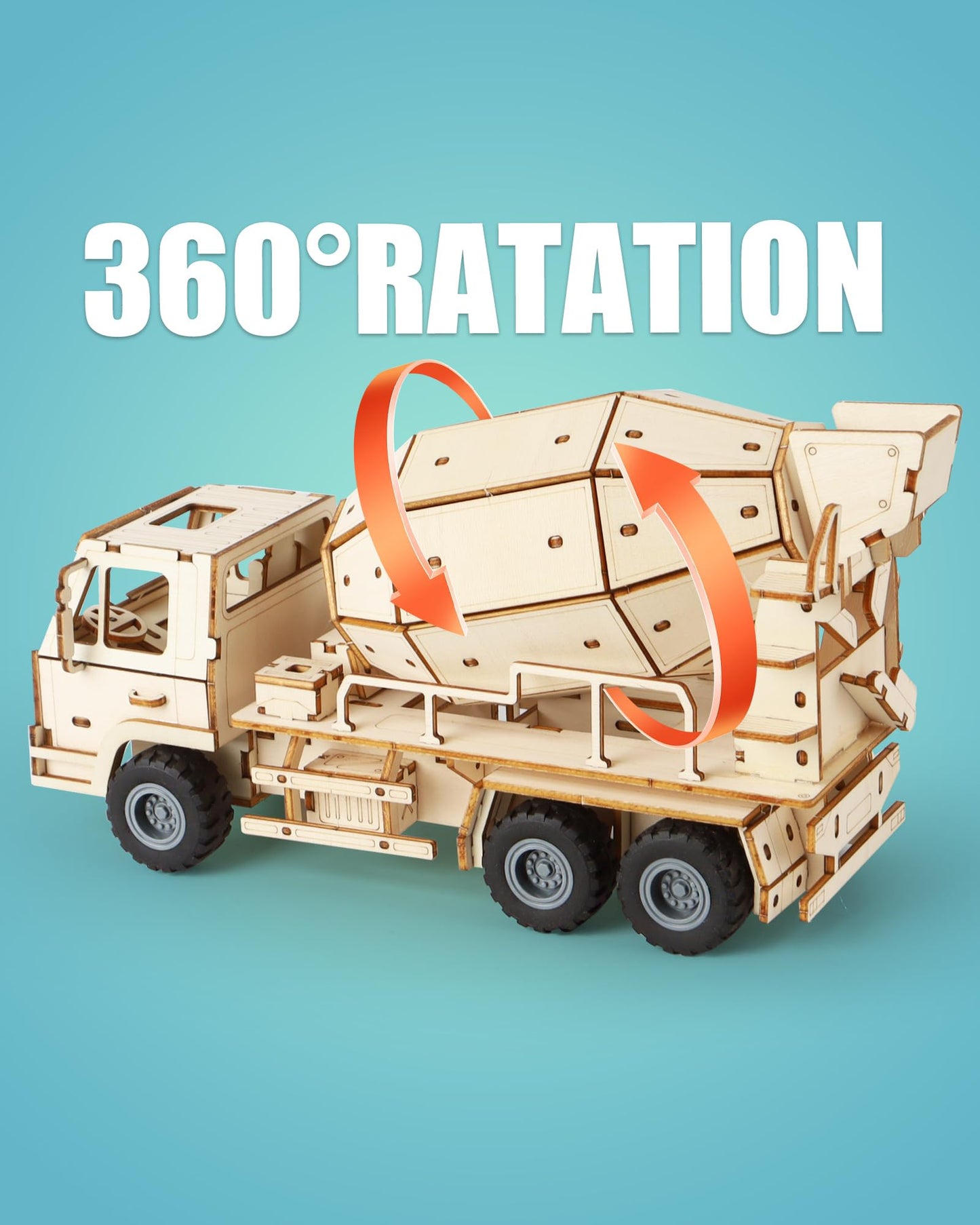 MOCBURIKU 3D Wooden Puzzles Cement Mixer Truck for Adults to Build, 165pcs Wood Craft Model Cars Building Kits with Pull Back 360° Rotatable Mixer Action,Hobby Gifts for Adults Men Teens