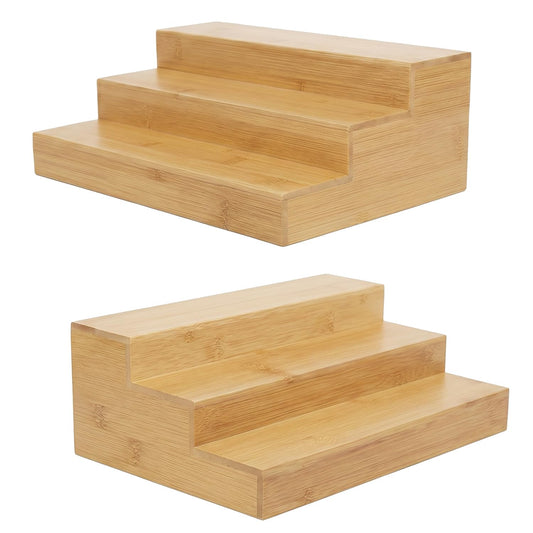 Ama Poem Bamboo 3-Tier Step Spice Organizer 2 Pack, Space-Saving Countertop Spice Rack for Kitchen Cabinet & Pantry, No-Assembly Needed Seasoning Storage Holder Fitting Jars, Bottles & Cans