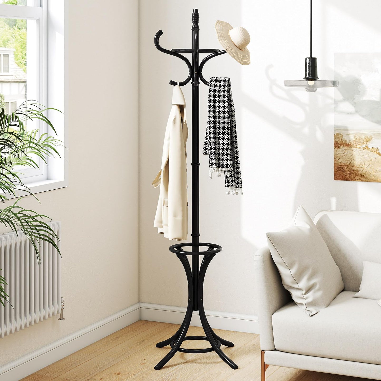 Tangkula Coat Rack with Umbrella Holder, 73 Inch Freestanding Coat Hanger Stand with 12 Hooks, Wooden Entryway Coat Tree for Clothes, Bags, Hats, Scarves, Living Room, Bedroom, Hallway (Black)
