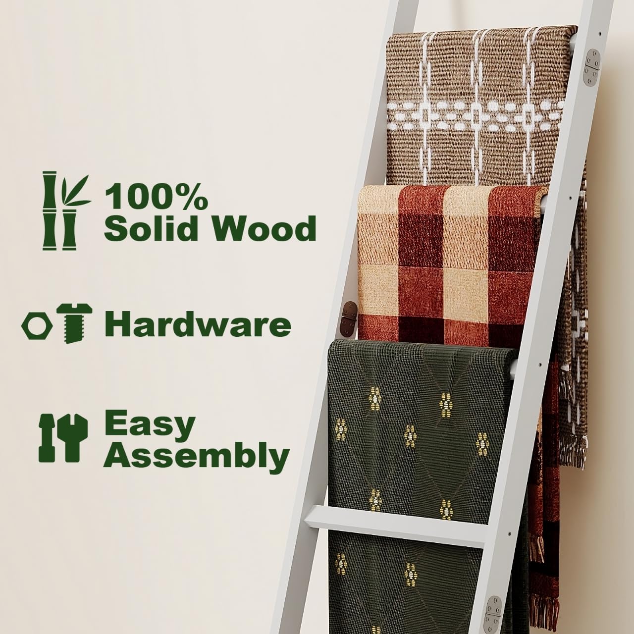 EleganfurHony Bamboo Towel Rack 6-Tier Blanket Ladder for Living Room, Bedroom, Bathroom Space-Saving Decorative Ladder for Quilts, Towels and More White