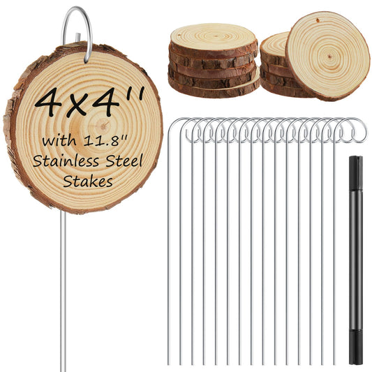 Hicarer 15 Set 4 Inch Large Wooden Plant Labels, 15 Pcs Garden Stakes(11.8 Inch Tall) &1 Marker Pen, Garden Markers Tags Sign for Flowers Herbs Seed Vegetable, Hint: a Firm Push for Ideal Hang