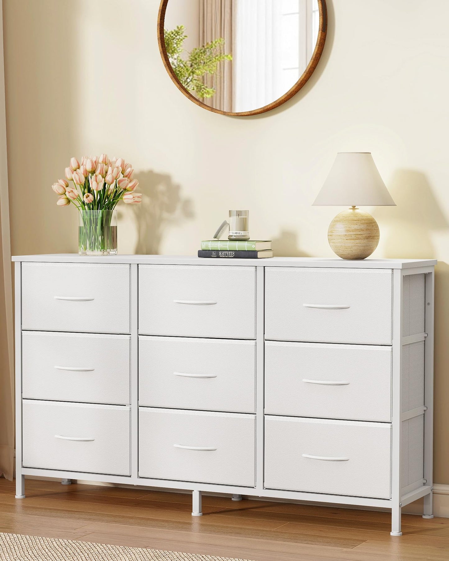 SONGMICS BELLAH Collection - Dresser for Bedroom, TV Stand for TVs Up to 55 Inches, Chest of Drawers for Living Room, Closet, Steel, 9 Drawers, Modern, Cloud White ULGS033WH02S