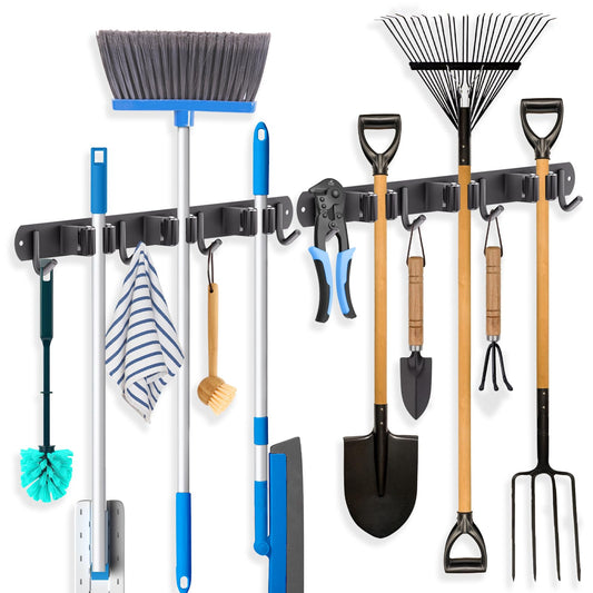 ZONGOOL 2 Pack Mop Broom Holder Wall Mount, Broom Organizer Storage Tool Racks Stainless Steel Self Adhesive Heavy Duty Hooks for Home Kitchen Garden (3 Racks with 4 Hooks, Black)