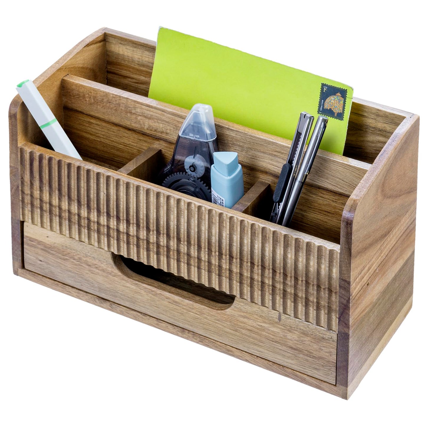 MyGift Premium Acacia Solid Wood Desk Organizer with Mail Sorter, 3 Pencil Cup Compartments & Bottom Storage Drawer, Office Supplies Organizer for Desk or Home Office