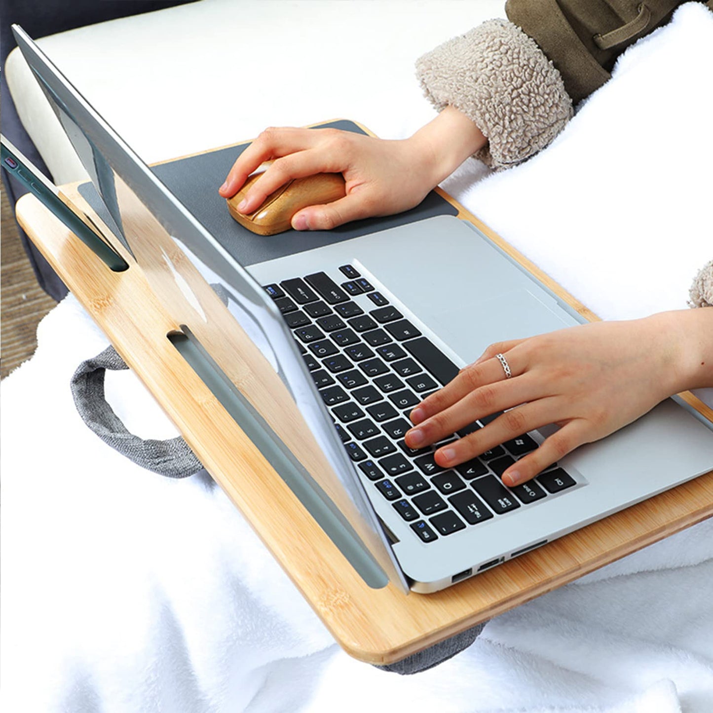 SUMISKY Laptop Lap Desk with Cushion Protable LapDesk with Handle Tablet Support Phone Holder and Mouse Pad Oversized Bamboo Laptop Stand for Sofa Fits Up to 17 Inches