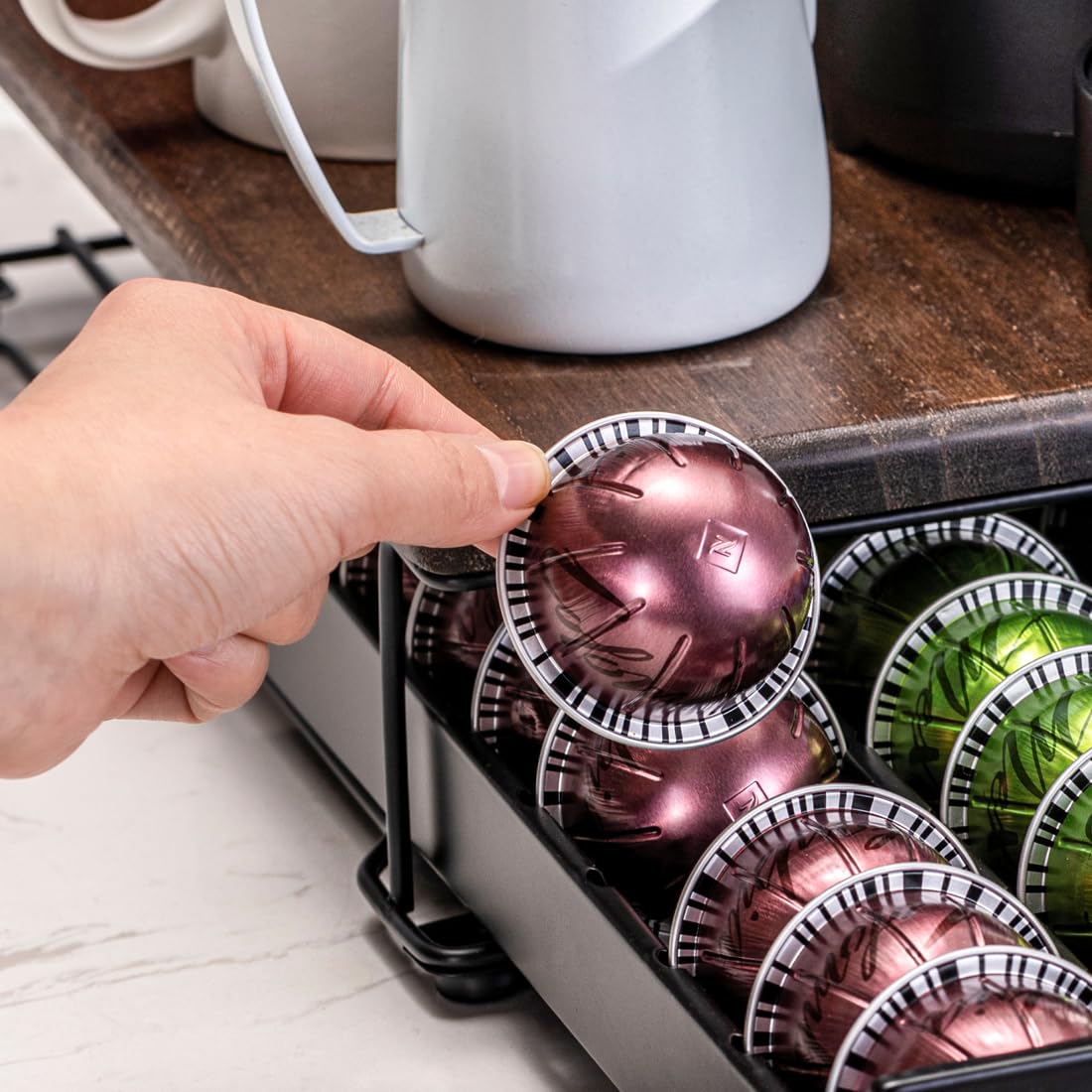 FlagShip for Nespresso Pod Drawer Vertuo Pod holder Coffee Pod Organizer Modern Style And Coffee Machine Stand Wood Top(40 Pods Capacity)