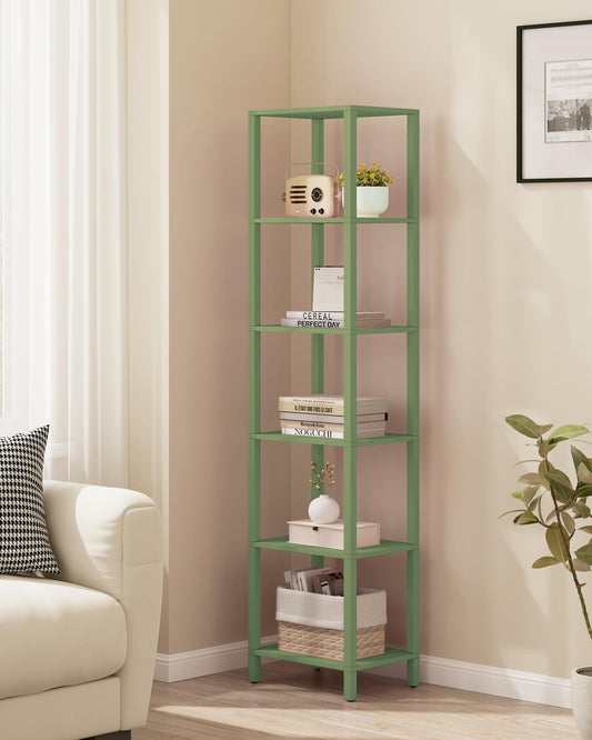 TUTOTAK Bookshelf, 6-Tier Tall Book Shelf, Narrow Bookcase for Small Space, DIY Stackable Bookshelf, for Living Room, Office, Study, Entryway, Industrial, Olive Green BS01BOG006