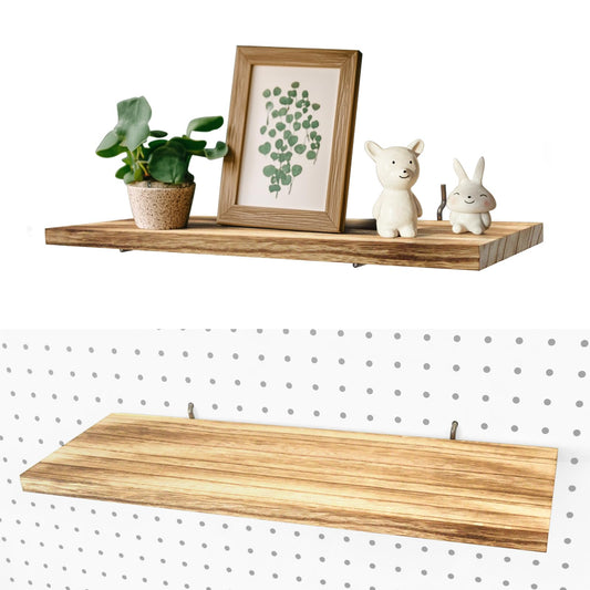 Pegboard Shelves, 16" x 6" Large Peg Board Racks 2Pack Wall Organizer Shelf, 1/4 inch Heavy Duty Metal Brackets Fit All Pegboards, Wood Slats, Craft Garage Workbench Office Shelving Accessories (Wood)