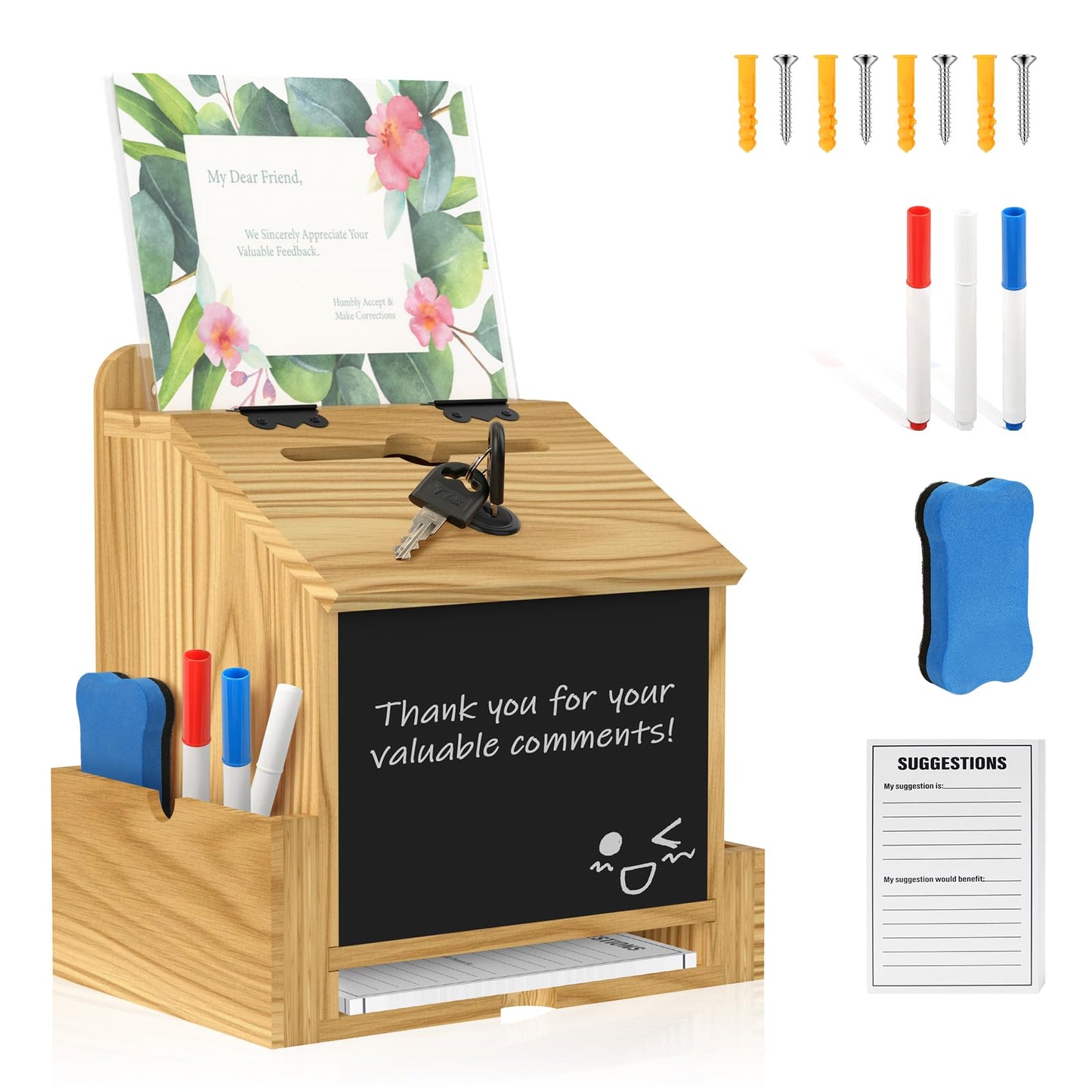 Wooden Suggestion Box with Acrylic Sign Holder, Locking Donation Box for Prayer, Comment , Ballot & Fundraising, Office Feedback Box With 50 Suggestion Cards and Pens, Wall Mounted or Countertop
