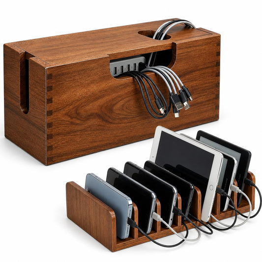 Gdfjiy Charger Organizer, Wooden Family Charging Station Organizer for Multiple Devices, Cable Management Box with Magnetic Lid, 7 Compartments Cell Phone Stand Tablets Holder, Desk Dock Space-Saving