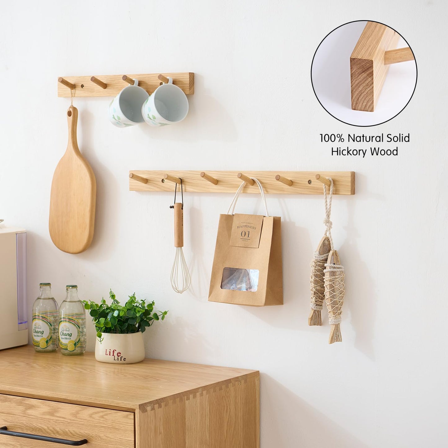 TRWISWDC Hickory Wood Coat Rack Wall Mount, 12 Inch Coat Hook Hanger Wooden Wall Coat Rack with 3 Hooks for Purse Clothes Towels Hats in Entryway Bedroom Bathroom, Natural