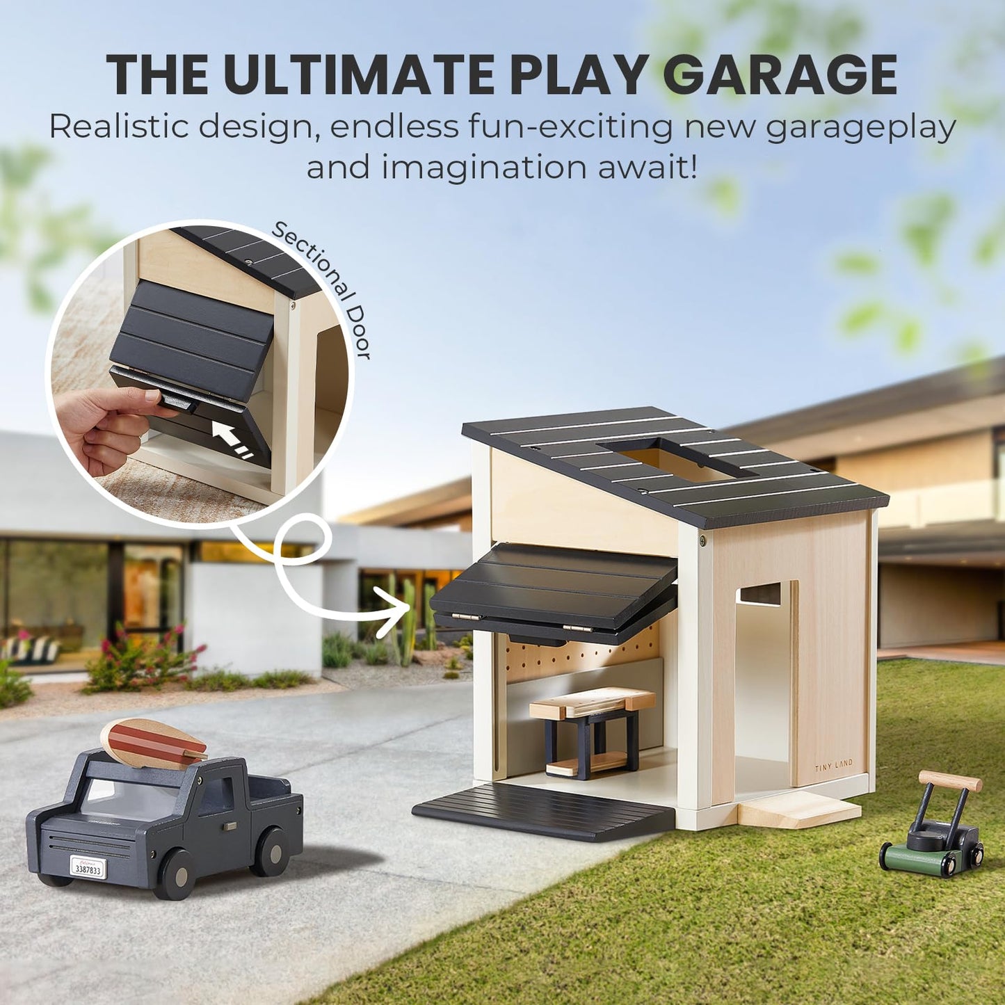 Tiny Land Wooden Dollhouse Garage Set – Realistic Design with Garage, Workbench,Lawn Mower & SUV Car, Expansion Dollhouse Furniture & Accessories for Doll house, Educational Pretend Play Gift for Kids