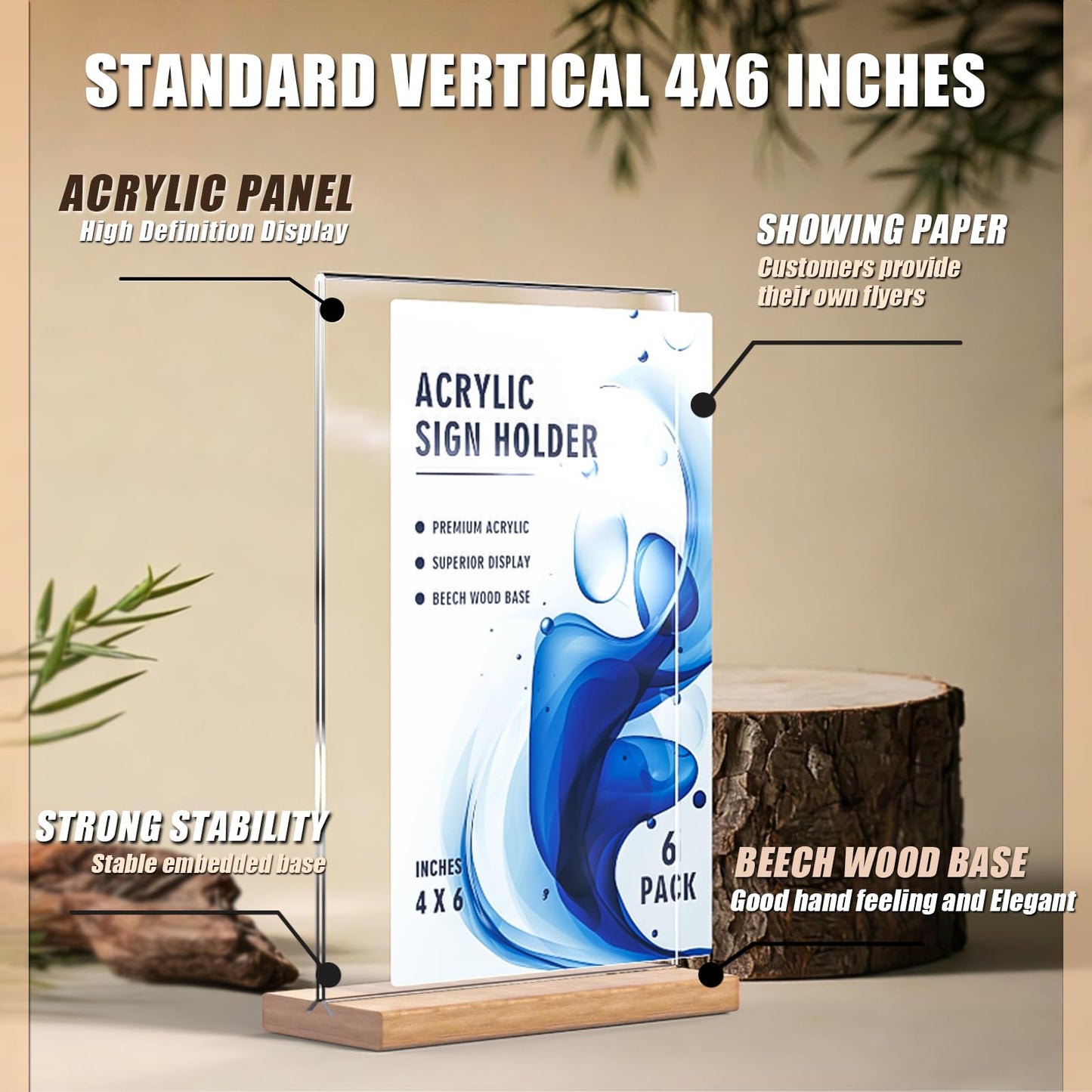 obivioo 4×6 inch Acrylic Table Top Sign Holder with Beech Wood Base – Double-Sided Menu Display Stand, QR Code Frame, Small Table Sign for Restaurant & Wedding(6pack)