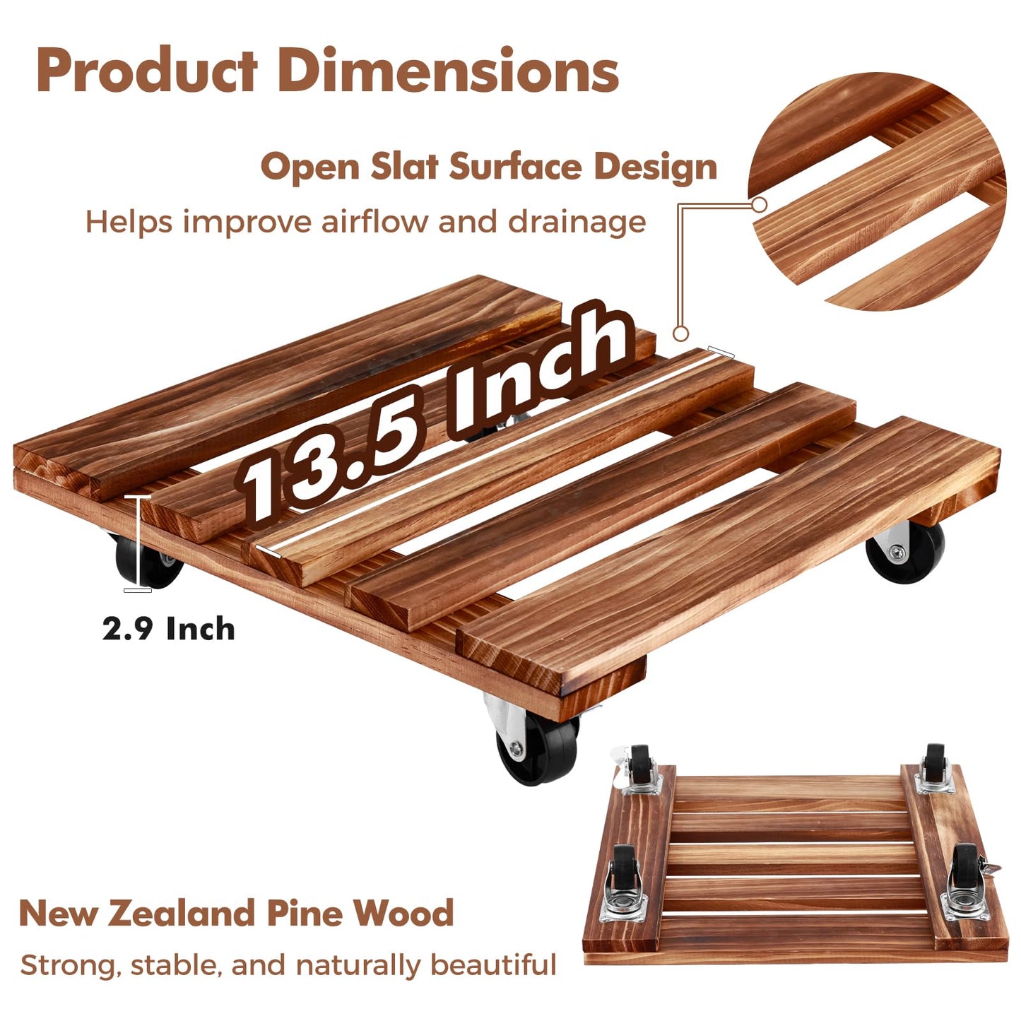 13.5 Inch Plant Caddy with Wheels, 4 Pack Rolling Plant Stand Rollers with Casters Wooden Plant Dolly with Wheels Heavy Duty Rolling Planter Base for Indoor & Outdoor Plants Square Wood Flower Stand