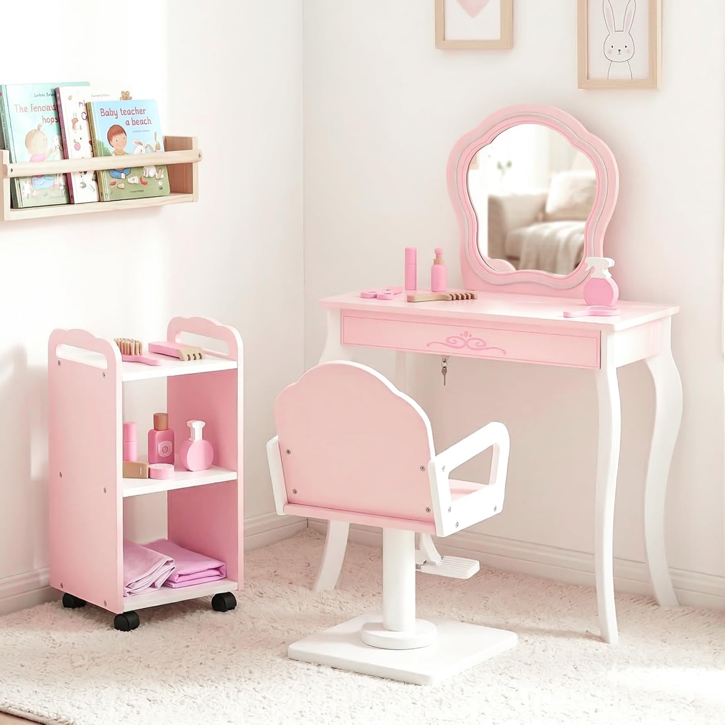 Olakids Kids Vanity with Lights and Barber Chair, Wooden Princess Makeup Dressing Desk with Mirror, Storage Shelf, Toy Accessories, Toddler Table and Chair Set Pretend Playset for Girls Aged 3+