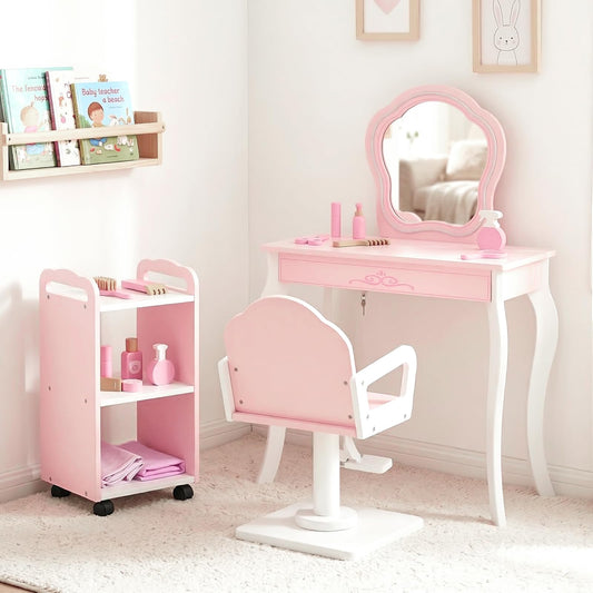 Olakids Kids Vanity with Lights and Barber Chair, Wooden Princess Makeup Dressing Desk with Mirror, Storage Shelf, Toy Accessories, Toddler Table and Chair Set Pretend Playset for Girls Aged 3+