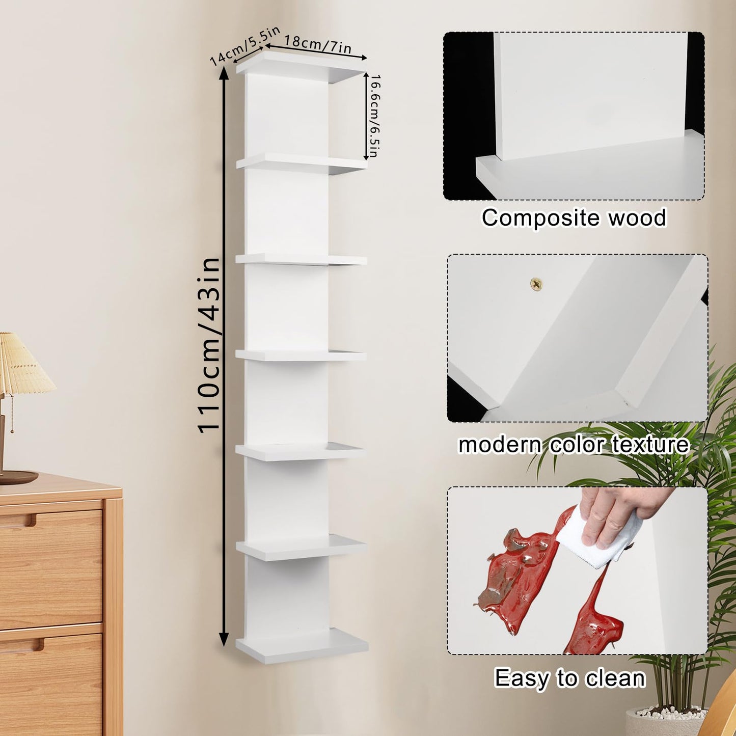2 Pack 7 Tier Wall Shelf Unit - 43" Lack Floating Shelf, Compact Display Floating Shelf, Vertical Column Wall Decor Mount Floating Storage Organizer Tall Tower Shelf for Bedrooms, Living Rooms