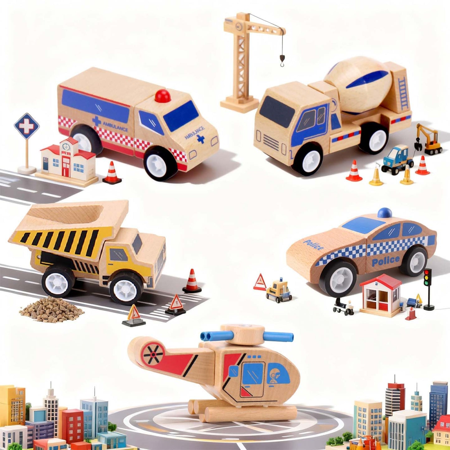 Udeas 5Pcs Premium Wooden Vehicle Toys for Toddlers 1-3 - Police Car, Garbage Truck, Dump Truck, Helicopter & Ambulance | Certified Safe, Montessori Toys, Push and Go Cars for 1+ Year Old Kids