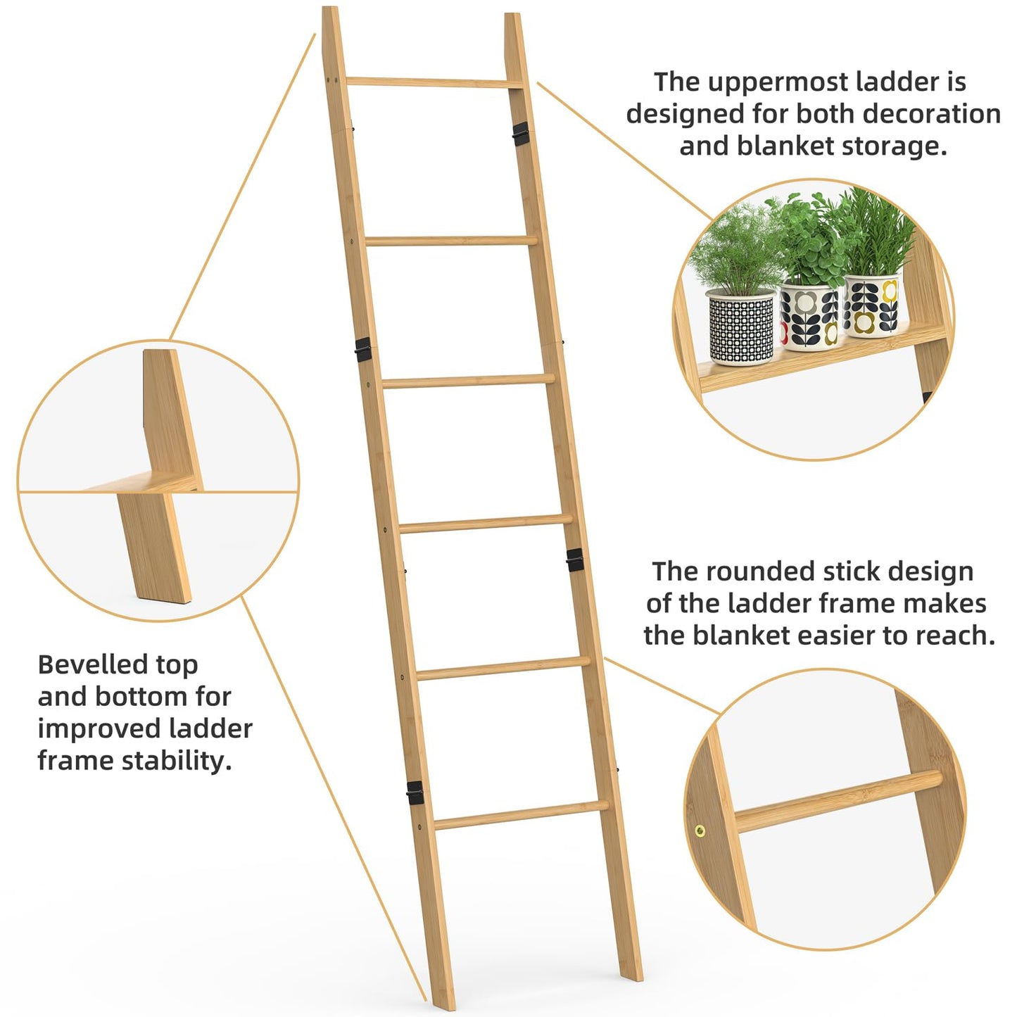 BAMBANG 6-Tier Blanket Ladder for Living Room, Blanket Quilt Ladder Rack Rustic Decorative Towel Holder, Wall Leaning Blanket Ladder Shelf Storage Farmhouse Decor for Bedroom Bathroom, Natural