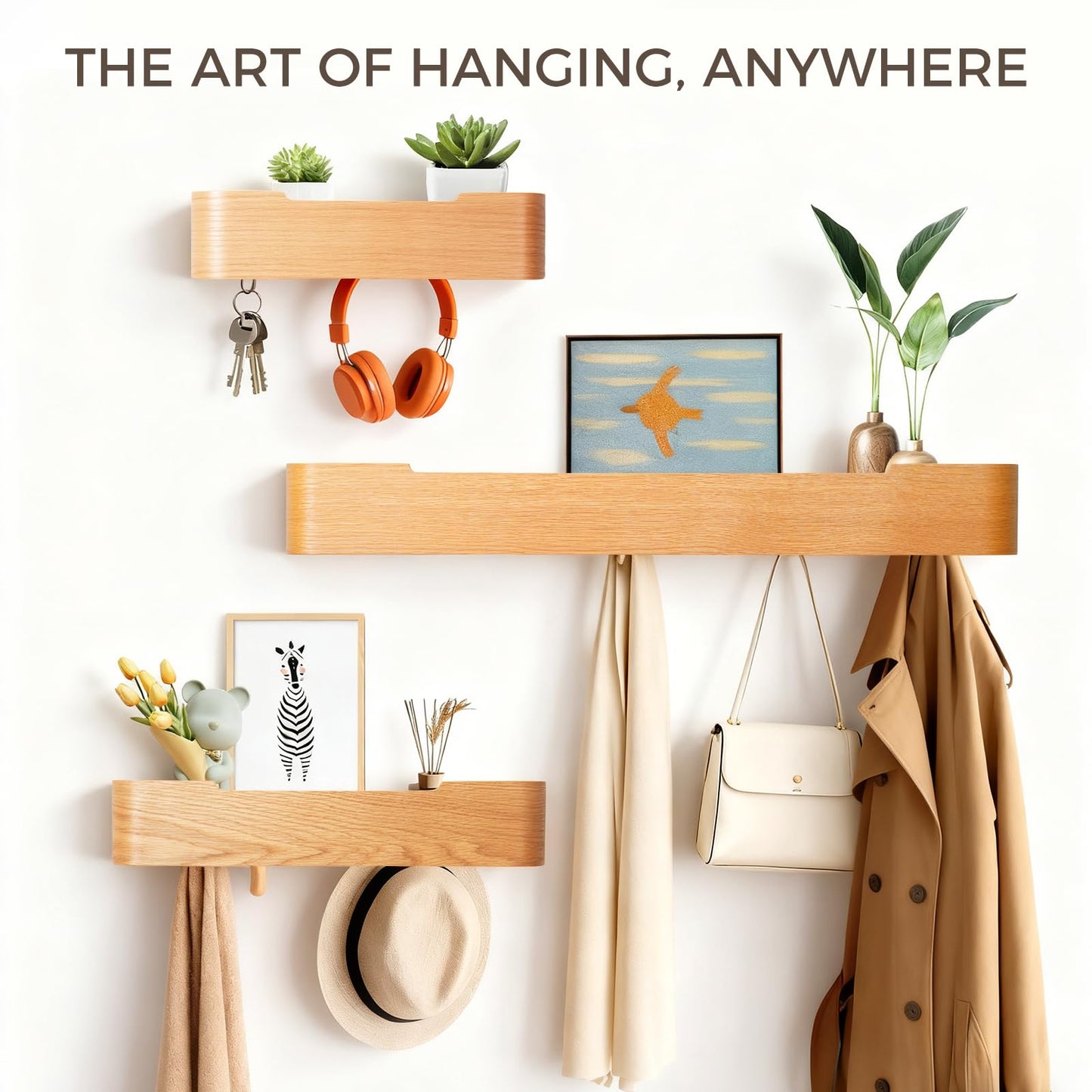 Coat Rack Wall Mount with Shelf Entryway Shelf Modern Key Holder Hanger Wall Shelves with Hidden Hooks for Hanging Towels Coats Hats Bags for Hallway Bathroom Bedroom(Oak, 4 Hooks)