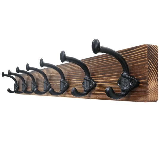 WEBI Rustic Coat Rack Wall Mount,30" Long 7 Cast Iron Coat Hooks Wall Mounted,Heavy Duty Farmhouse Wood Coat Hanger Wall Antique Vintage Hooks for Hanging Jacket,Clothes,Backpack,Brown