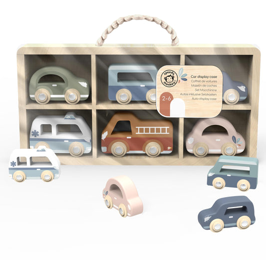 SPEEDY MONKEY Wooden Toy Cars Set for Pretend Play | 6-Piece Kids Vehicle Set with Wooden Storage Case | Includes Fire Truck, Ambulance & Colorful Mini Cars for Kids Ages 3+