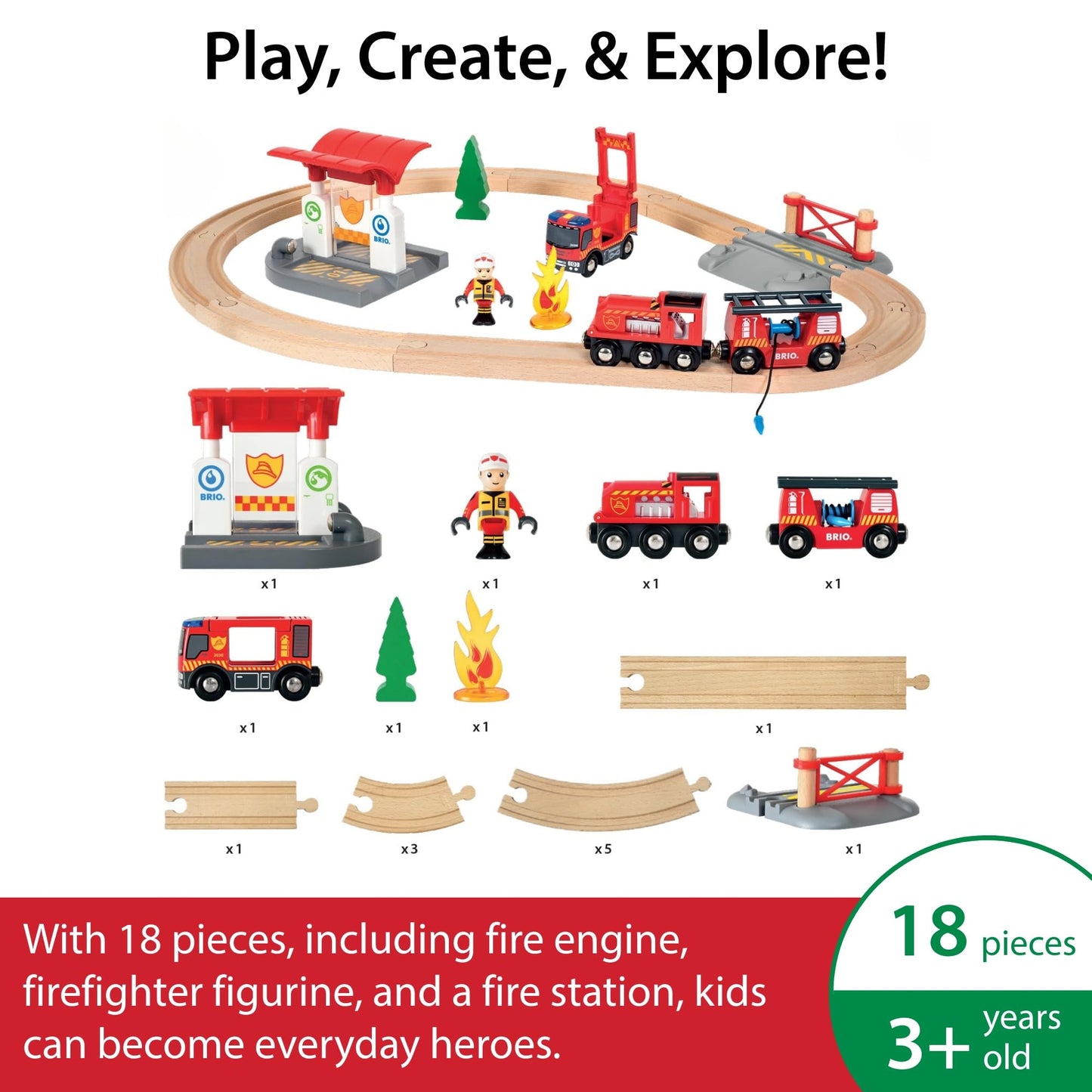 BRIO World Rescue Firefighter Set - 18-Piece FSC-Certified Wood Train Set & Accessories - Fire Train Engine with Lights and Sound, Wooden Tracks & More - Works with All Wooden Train Sets - Ages 3 & Up