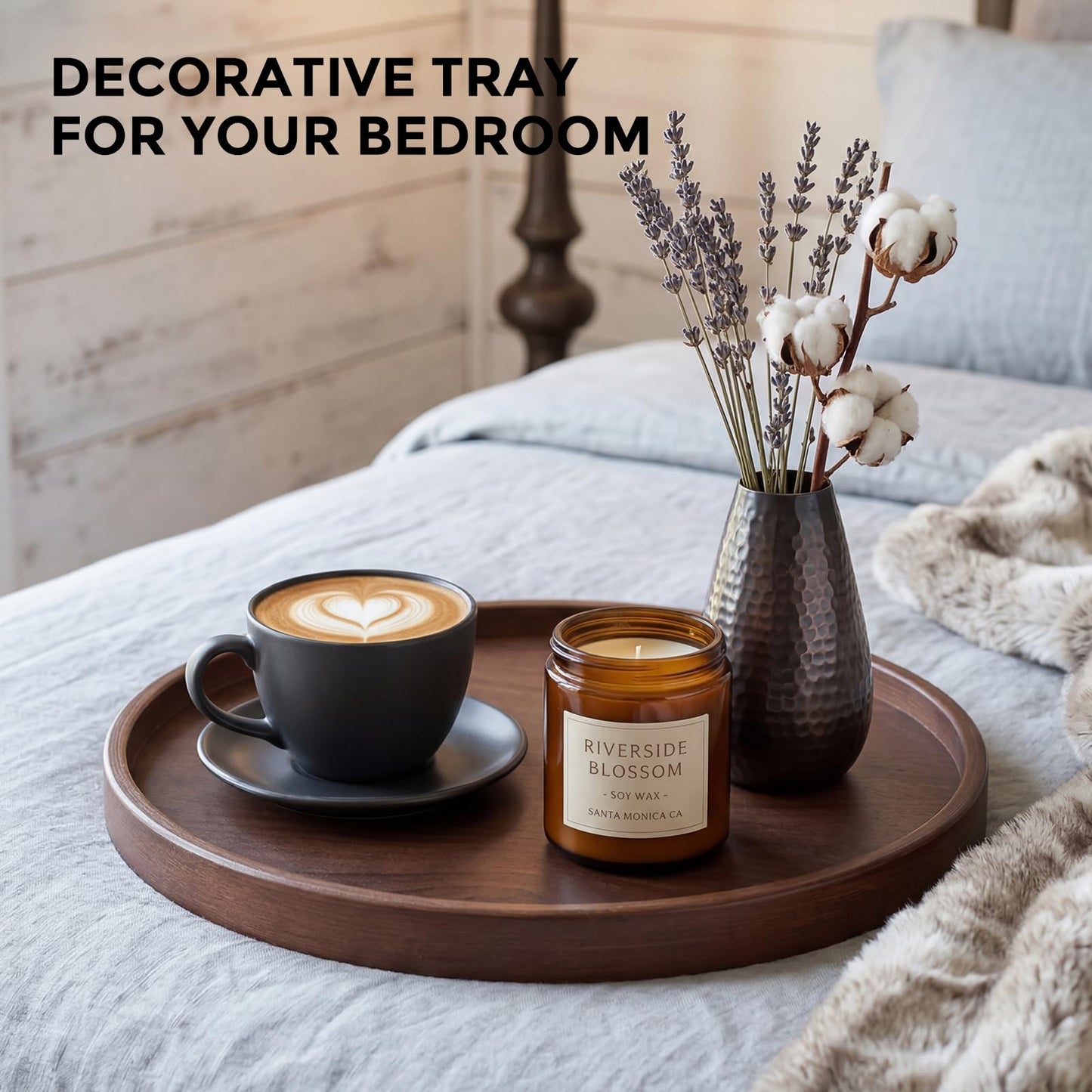 Round Natural Wood Tray - 12 Inch Decorative Serving Tray with Handles, Solid Wooden Coffee Table Tray for Ottoman, Vanity, Entryway, Snacks, Drinks & Home Decor