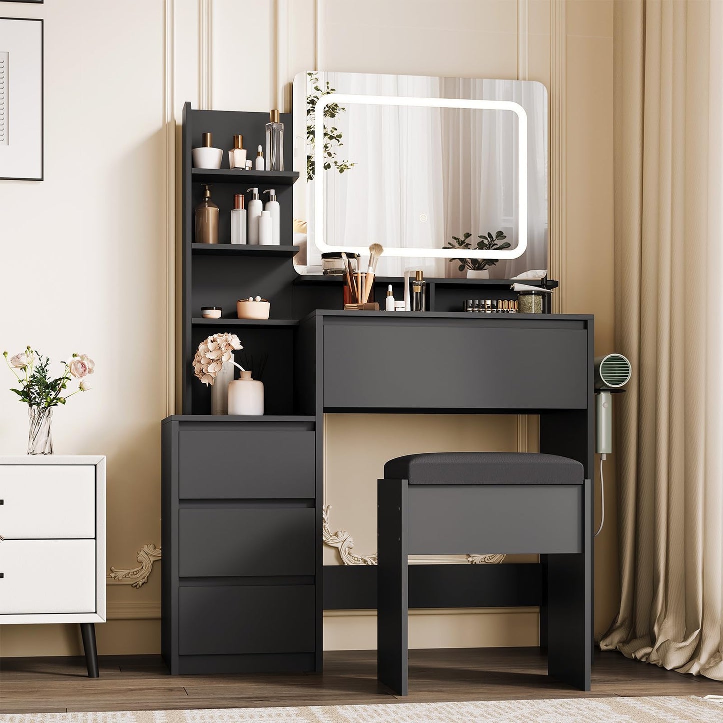 Vanity Desk with Mirror and Lights - 36" Vanity Table Set with 4 Drawers, Power Outlet, USB Ports, Stool, Dressing Table with 3 Lighting Color Adjustable for Bedroom, Women,