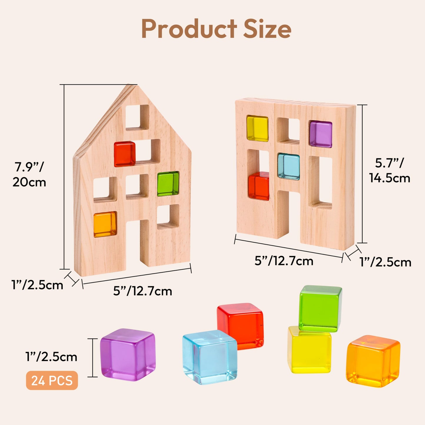 Woodtoe Wooden Building Blocks Set for Kids, 24 PCS Rainbow Gem Cubes Stacking Blocks - 2 Wood House, Montessori Stacking Toy for Toddlers, Educational STEM Sensory Birthday Toy for Boys Girls 3-6