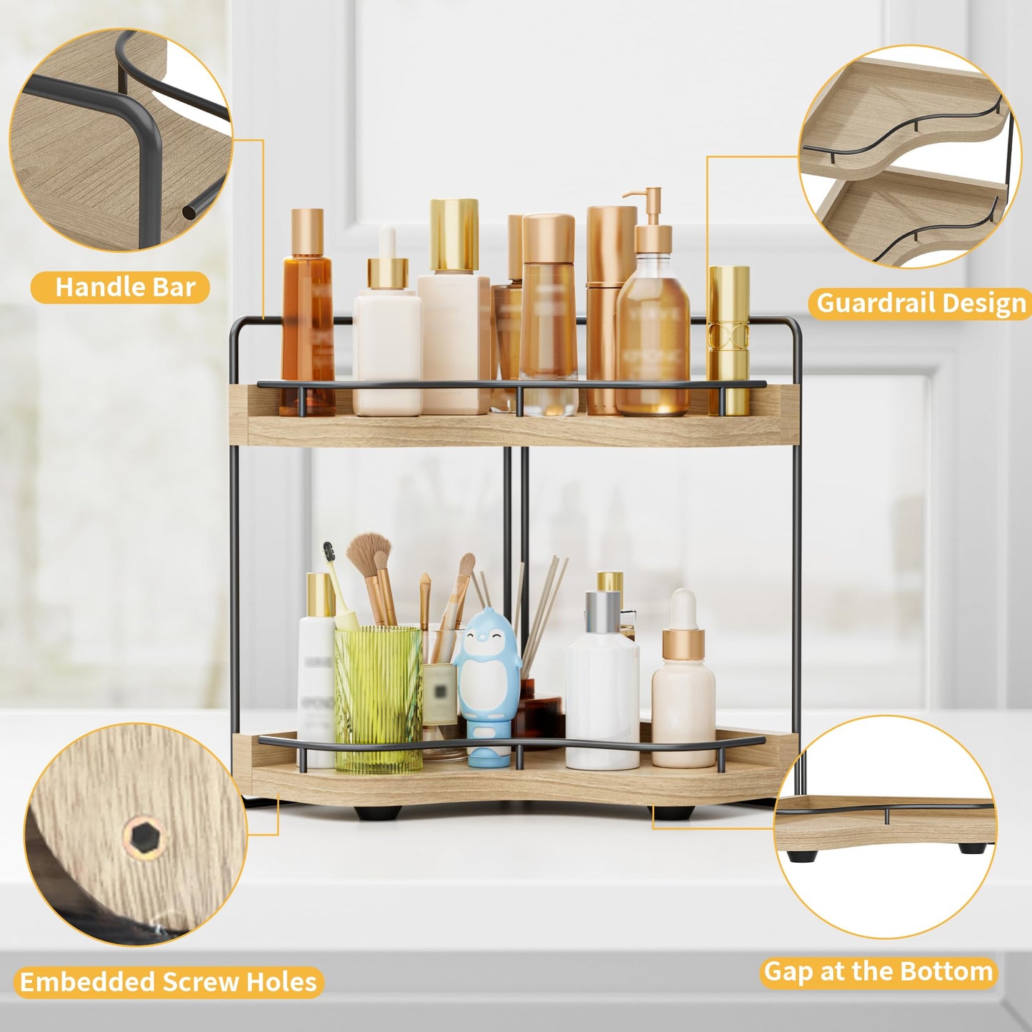 2-Tier Corner Bathroom Counter Organizer with Embedded Screw Holes, Secure & Stable Wood Vanity Shelf for Makeup and Skincare Essentials - Space Saving Bathroom Countertop Storage, ‎‎Light Walnut