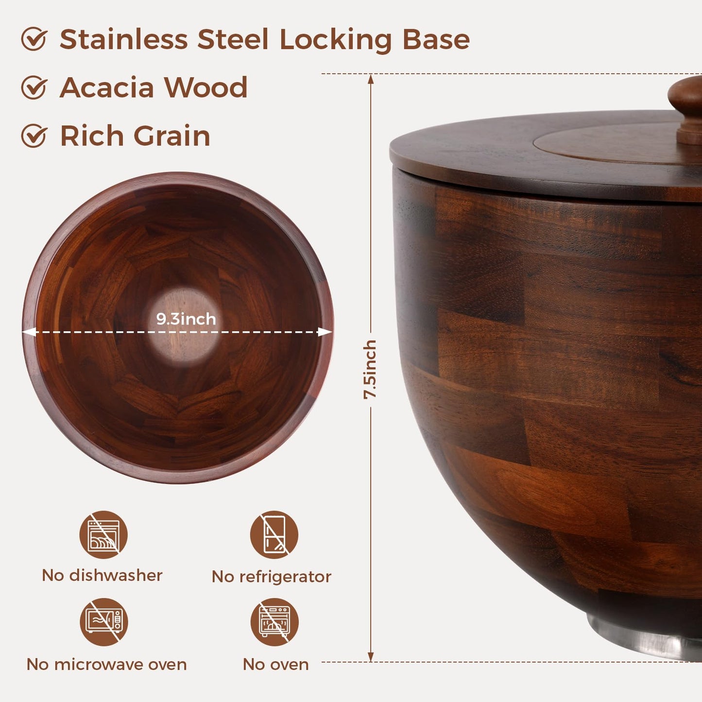 UTJZIB Wood Mixing Bowl Compatible with 4.5-5 Qt Tilt-Head Stand Mixers with Lid Cover - Natural True Acacia Wooden Bowls, 5 Quart Kitchen Aid Bowls for Mixer with Stainless Steel Locking Base.