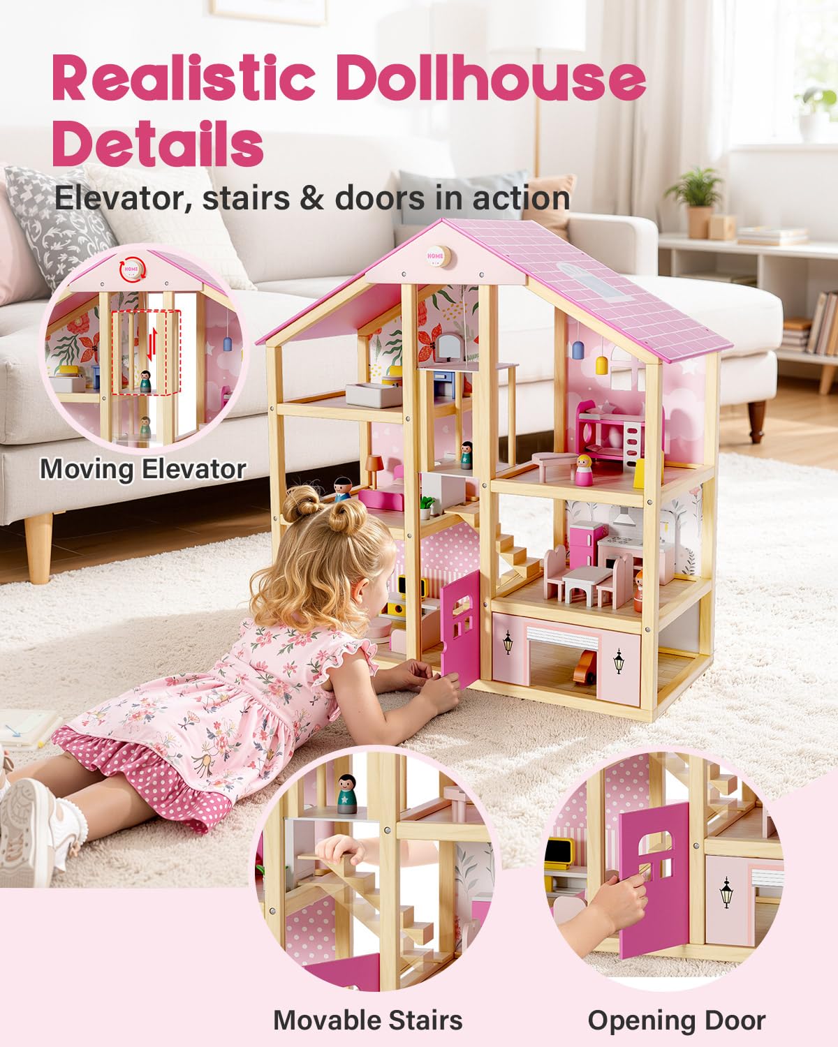 BIERUM Wooden Dollhouse for Girls, Large Pink Wooden Doll House with 39 Furniture Accessories, Elevator & Garage, 5 Rooms Modern Dollhouse for Toddlers, Pretend Play Toy Gift for Kids (Pink)