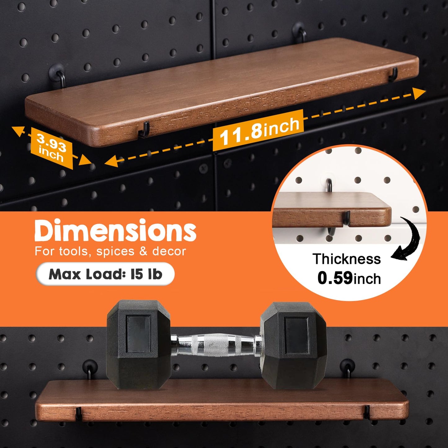 SEMPOMA 2 Pcs Walnut Finish Wooden Pegboard Shelf for 1/4" Metal Pegboard
