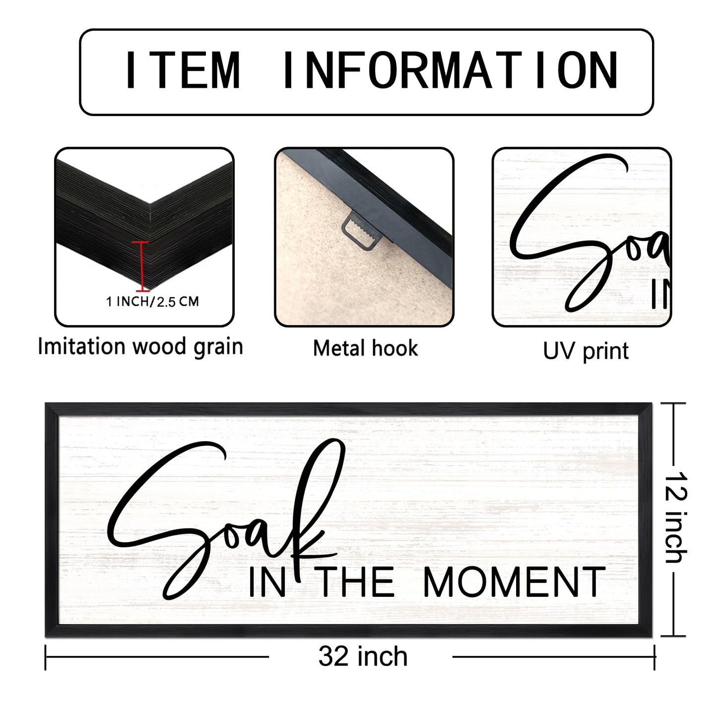 Soak in the Moment Wooden Sign Framed Wall Art, 32''×12'' Rustic Horizontal Motivational Bathroom Quote Wood Plaque above the Bathtub, Farmhouse Long Inspirational Shower Room Saying Wood Sign Wall Decor