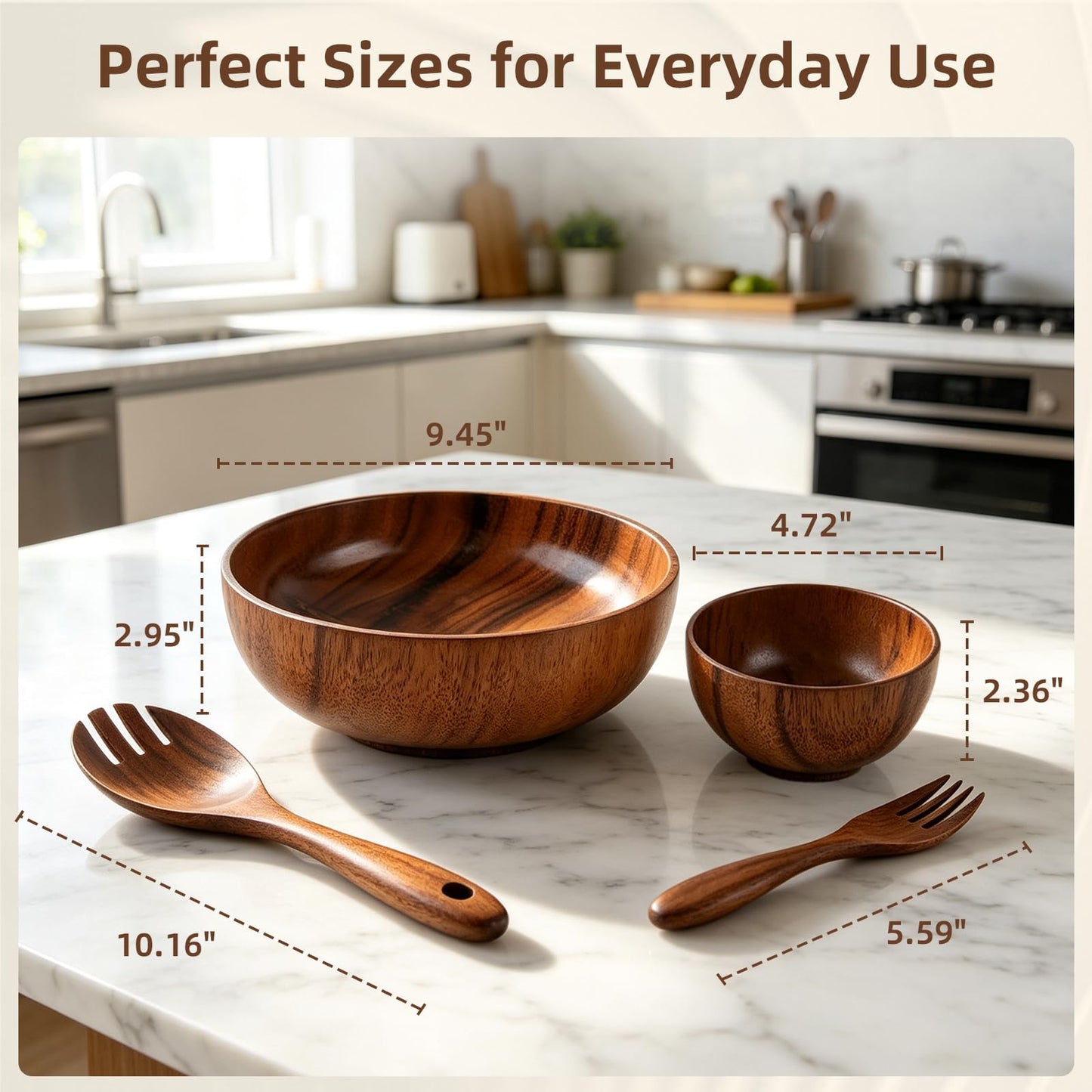 E-ROOM TREND Acacia Wood Salad Bowl Set (4-Piece), Durable & Easy to Clean, Wooden Salad Bowl with Serving Utensils for Salad, Fruit, Pasta, Everyday Kitchen Use