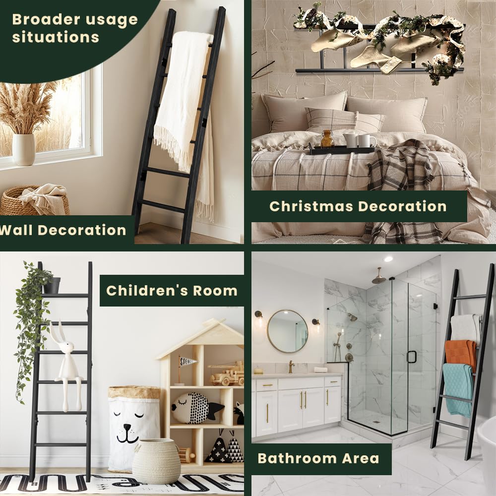 Wooden Blanket Ladder for Living Room 6-Tier, Decorative Ladder Blanket Rack & Quilt Ladder Decor with Removable Hooks, Farmhouse Wood Ladder, Easy Assembly, Anti-Slip Sturdy Blanket Holder, 68 Inch.